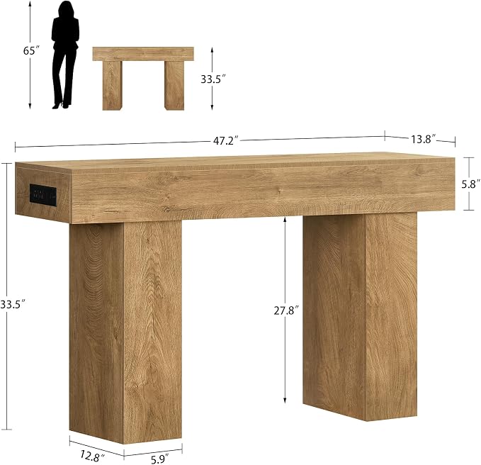 47.2" Entryway Table, Console Table with Charging Station and Adjustable LED light, Farmhouse Wood Sofa Table, Behind the Couch Table, Narrow Console Table, Entry Table for Hallway, Living Room