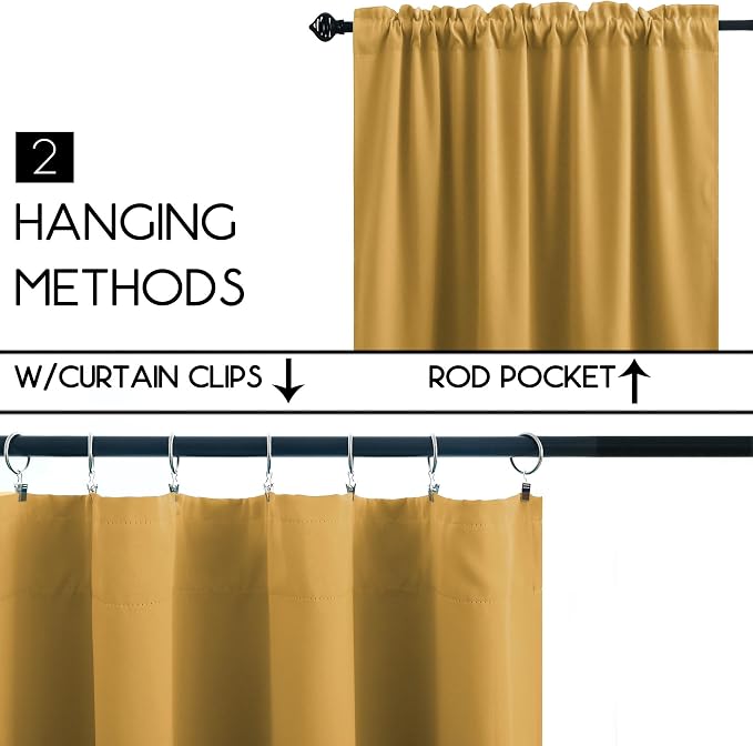 KOUFALL 24 Inch Small Curtains for Kitchen Gold Short Blackout Mini Curtains for Bedroom Bathroom 2 Panels,34x24 in Long