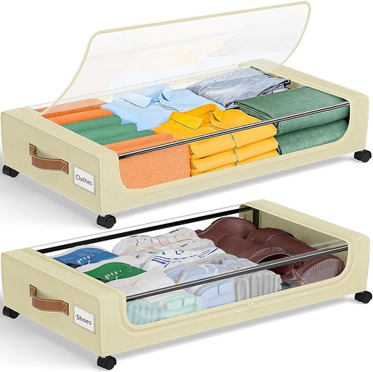 GoMaihe Under Bed Storage with Wheels: 48L Underbed Storage Containers with Lids - Rolling Bins for Shoes Clothes in Dorm Bedroom - Metal Drawers Easy Pull-out Beige 2-Pack