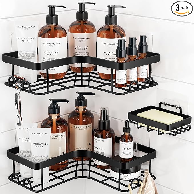 Sakugi Corner Shower Caddy - 3-Pack Shower Organizer with Soap Holder & Built-In Hooks, Rustproof Metal Shower Shelves, Laundry, Kitchen, Bathroom Organizers and Storage Solution, Large, Black