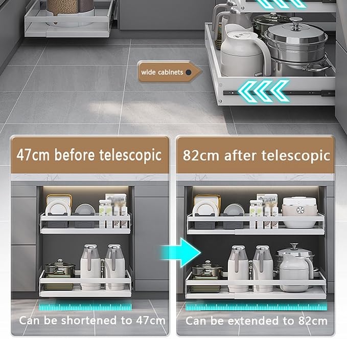 Upgraded version Pull Out Cabinet Organizer, Kitchen Sliding Shelf Under Sink Shelf, No Need Drill, kitchen cabinets, Expandable Drawer Shelves, Telescopic range 47~82cm (42cmX32-52cmX7cm)