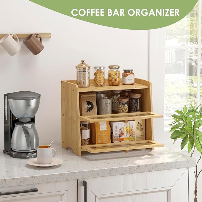 JANSNIMEN Large Bread Box for Kitchen Countertop, Double Layer Breadbox Bread Container Storage with Acrylic Door, Wooden Farmhouse Bread Holder (Bamboo, Large-16.54" L x 9.84" W x 14.96" H)
