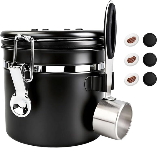 ShanSon Coffee Canister Airtight, Stainless Steel Bean Storage Container with Date Tracker & Scoop, Grounds Sugar Flour Tea Cereal Fits Kitchen Pantry, Ideal Gift for Coffee Lovers,12oz, Black