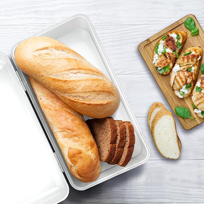 E-far Vintage Bread Box for Kitchen Countertop, White Metal Bread Storage Container Retro Bread Bin for Pastries/Loaves/Dry Food, Large Capacity & Modern Design (16.7” x 9” x 6.4”)