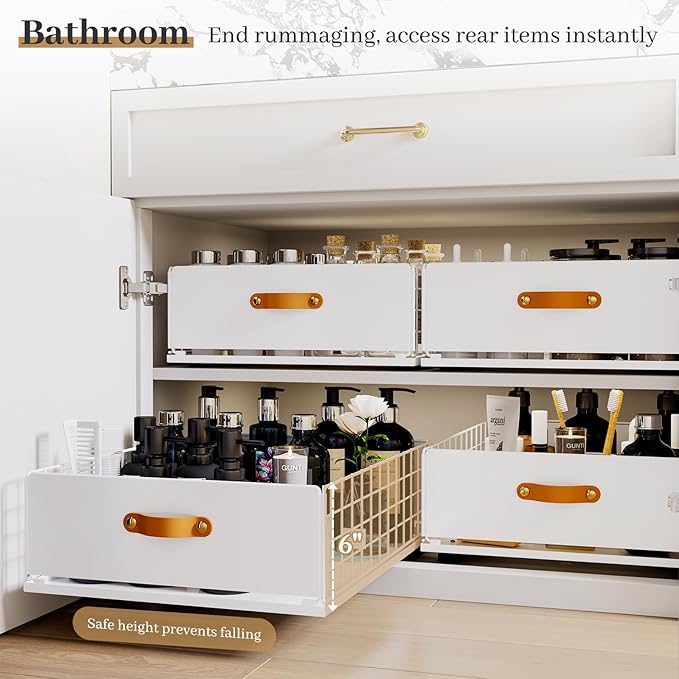 Pull Out Cabinet Organizer, No-Drill Pantry Drawers, Slide Out Shelves with Bamboo Risers for Lipped Cabinets,Ideal for Kitchen, Bathroom & Under Sink Storage (White, 15.8" Wide-21 Deep)