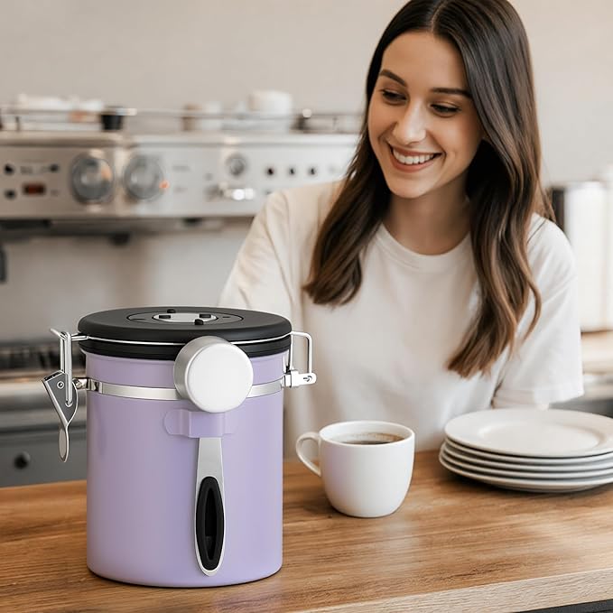 ShanSon Coffee Canister Airtight, Stainless Steel Bean Storage Container with Date Tracker & Scoop, Grounds Sugar Flour Tea Cereal Fits Kitchen Pantry, Ideal Gift for Coffee Lovers,22oz, Purple
