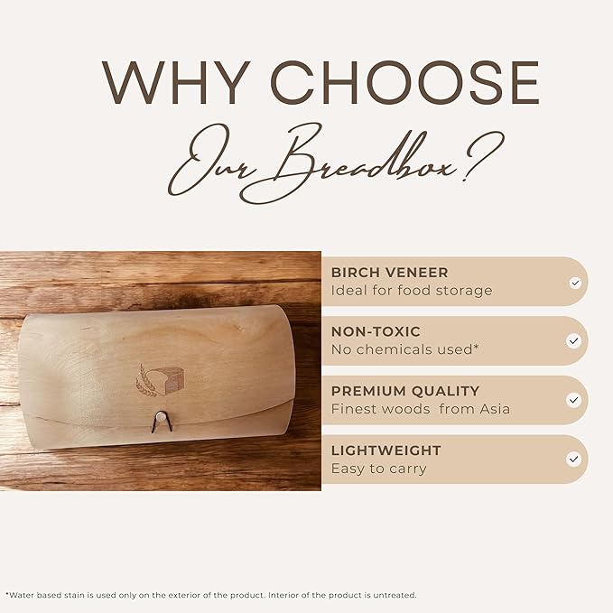 Large Birch Wood Bread Box 15″ | Natural Bread Storage Bin for Kitchen Countertop, Eco-Friendly Loaf Keeper | No Assembly Needed| Lightweight & Portable for Picnic, Camping & Travel