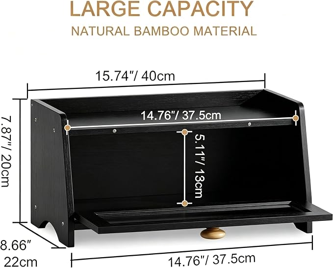BAMBANG Bread Box for Kitchen Countertop, Bamboo Bread Box for Homemade Bread, Wooden Farmhouse Bread Storage Container, Large Breadbox Bread Bin Organizer for Counter Cabinet Pantry, Black