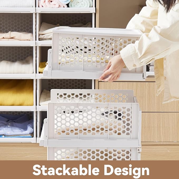 Pull-out Plastic Storage Basket with a Lid,Stackable Closet Organizers Drawer Anti-Tipping,Stable Shelf Container for Bathroom Laundry Room Storage, Space-Saving Clothes Storage (White Gray, L-4 pack)
