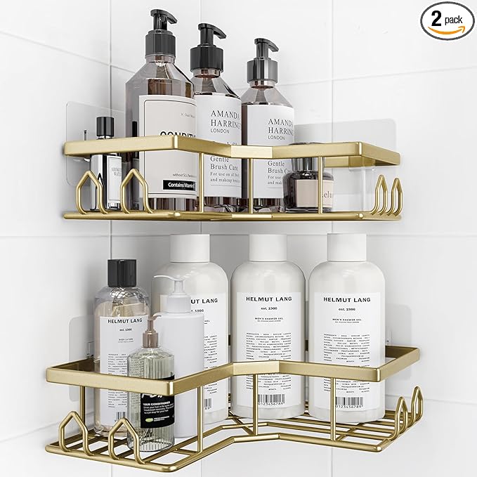 Adhesive Shower Caddy, 2 Pack Corner Bath Organizer, Rustproof Stainless Steel Shower Shelves with Large Capacity, No Drilling Shelves for Bathroom Storage, Home, Kitchen Décor(Gold)
