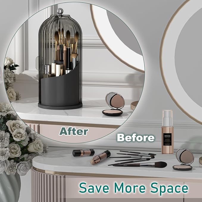 GAXmi Makeup Brush Holder with Lid Rotating Cosmetic Organizer, Black-Grey | 360 Rotation, Waterproof, Dustproof, Moistureproof