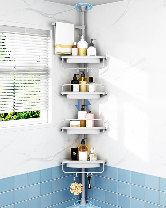 ALLZONE Corner Shower Caddy Tension Pole, Extendable Rustproof Stainless Steel Pole & 4-Tier Adjustable Shelves for Easy Drainage and Built-to-Last Stability, 34 to 116 Inches, Grey
