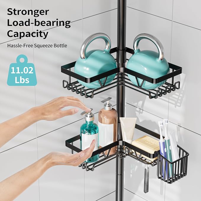 KEGII Corner Shower Caddy Tension Pole with Toothbrush Holder | Adjustable Shower Organizer with Soap Holder and Hooks, No Drilling Rustproof Bathroom Shelf Storage Rack, Fits 25-114.2 Inch