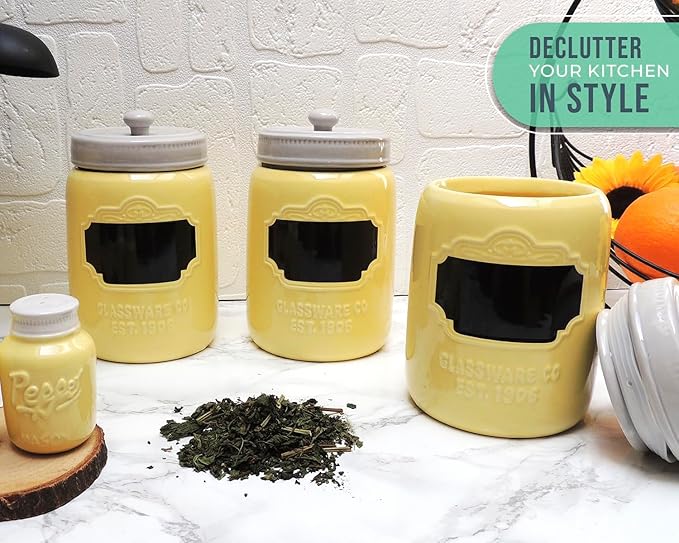 Comfify Mason Jar Ceramic Canister Set for Kitchen - Set of 3 Decorative Storage Containers with Air-Tight Lids for Coffee, Sugar - Country Style Storage w/Reusable Writable Surface - 12.85oz/Canister