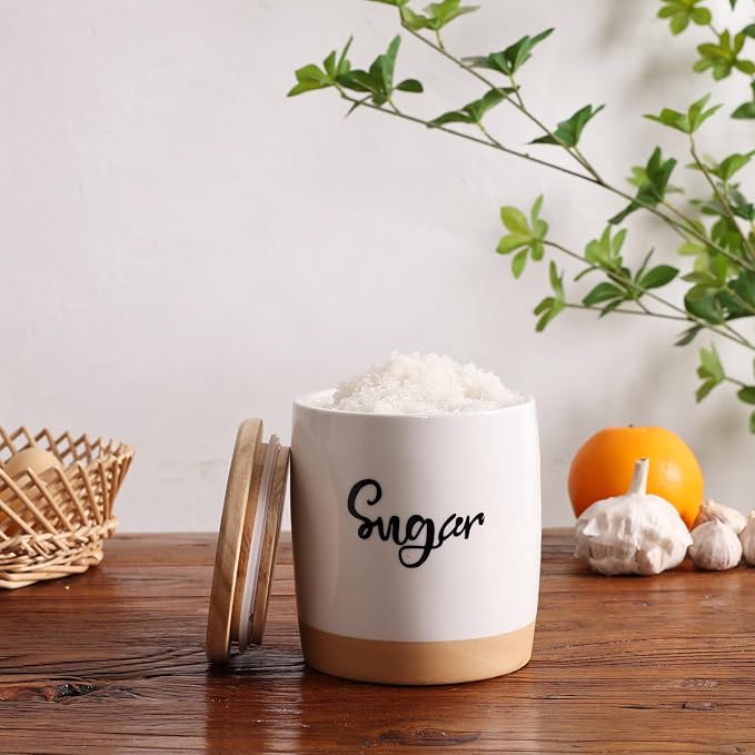 LEETOYI Ceramic Food Storage Containers with Lid,Modern Farmhouse Kitchen Decor, Countertop Food Storage Caddy Organizer, 33oz (Labeled Sugar)