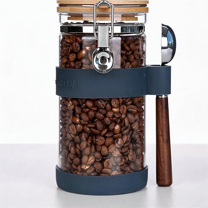 KKC 40oz Airtight Glass Coffee Canister with Bamboo Lid & Scoop - Clear Bean Storage Jar for Ground or Whole Beans, Preserves Freshness - Modern Coffee Bar Accessory