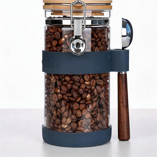 KKC 40oz Airtight Glass Coffee Canister with Bamboo Lid & Scoop - Clear Bean Storage Jar for Ground or Whole Beans, Preserves Freshness - Modern Coffee Bar Accessory