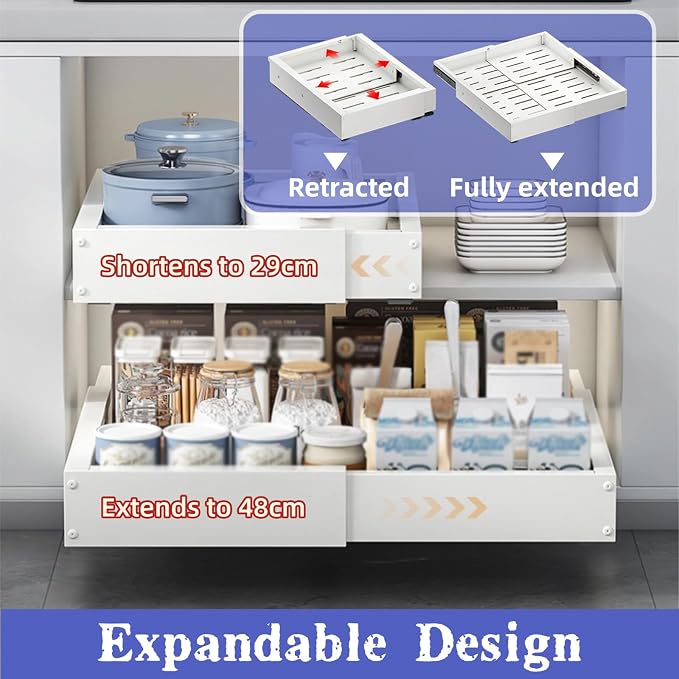 1/2 Pack Pull Out Cabinet Organiser, Extendable Slide Out Drawers, No Drilling and Nailing, for Kitchen Cupboard, Living Room, Home(Size:2 Pack,Color:White)