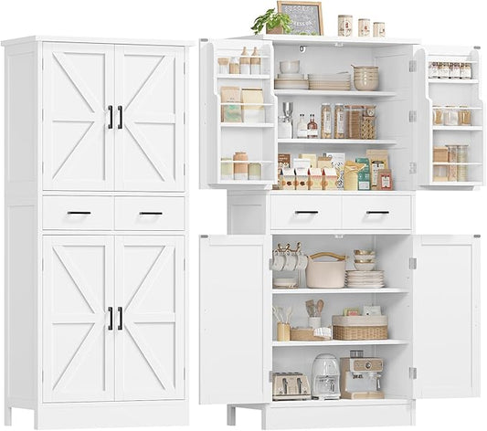 TEENFON Farmhouse Pantry Cabinet, 66.9″H Tall Kitchen Storage Cabinet with Barn Doors, Adjustable Shelves & Drawer, Freestanding Cupboard for Kitchen, Dining Room, Living Room, Bathroom, White