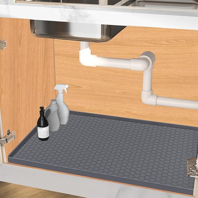 Under Sink Mat 25 x 19, Silicone Under Sink Mats for Kitchen Waterproof, Under Sink Liner, Easy to Clean Bathroom Cabinet Mat Organizers and Storage, Grey