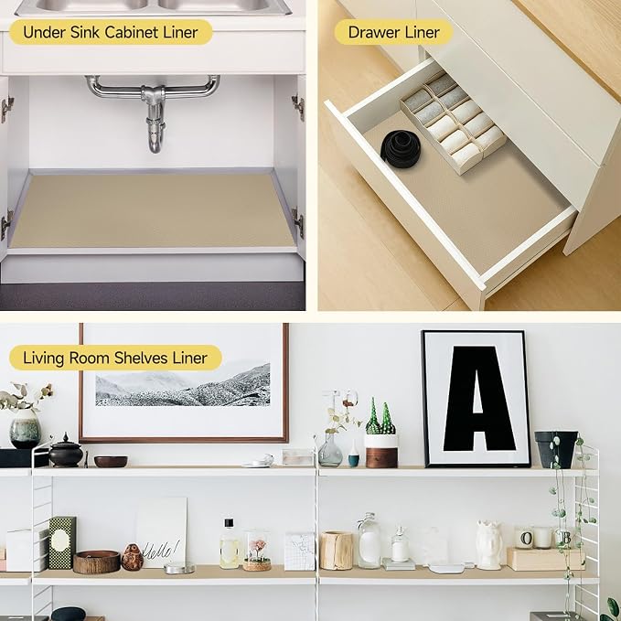 WochiTV Adhesive Shelf Liner 11.8 X 360 Inches Peel and Stick Kitchen Liner for Cabinets, Drawers Removable Protector Mat Waterproof Contact Covering for Dresser Pantry Countertops Shelves, Khaki