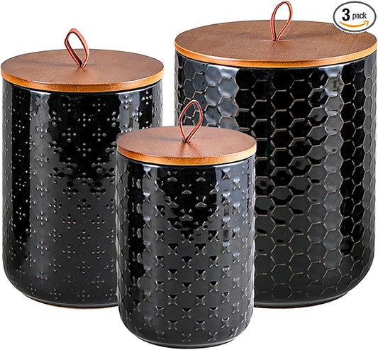 JOJUNO Black Ceramic Canister Set with Wooden Lids – 3-Piece Airtight Food Storage Jars for Kitchen, Embossed Design, Small/Medium/Large Sizes (30/48/82 oz) – Flour, Sugar, Coffee, Tea Containers