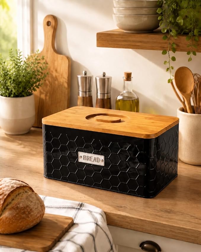vensovo Bread Box for Countertop – Large Black Metal Bread Bin with Bamboo Cutting Board Lid, Farmhouse Bread Storage Container for Homemade Bread, Baked Goods & Kitchen Counter Organization
