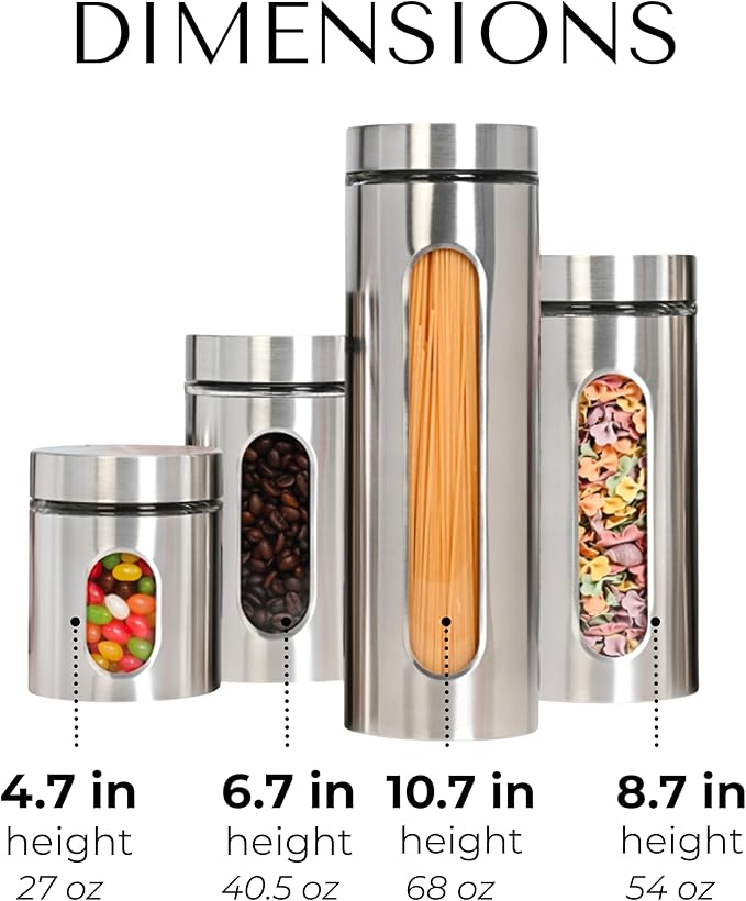 JS Gourmet 4 Pcs Stainless Steel Canisters Set for Kitchen with Glass Window and Airtight Lid, Perfect for Storing Coffee, Spaghetti, Sugar, Beans and Dry Ingredients (Silver)