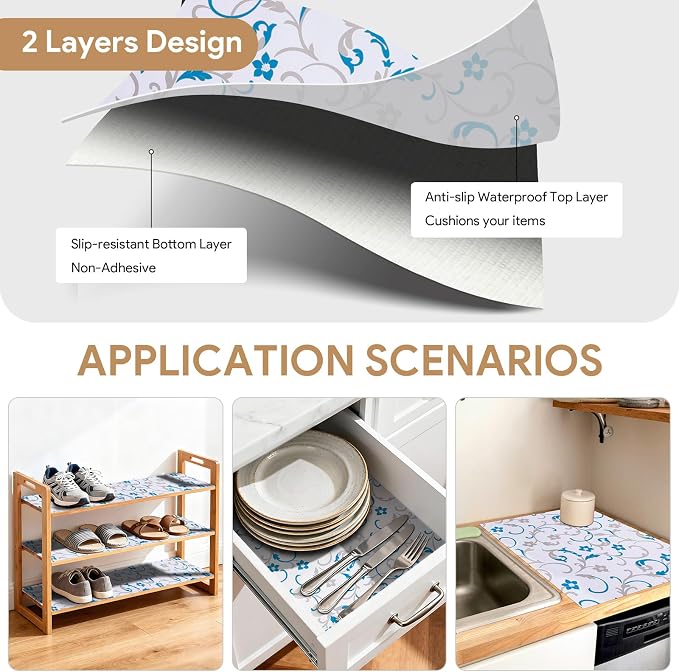 Shelf Liners Non Adhesive 3Rolls*12'' X 120'' Drawer Liner for Kitchen Cabinets, Waterproof Shelf Liners Durable Anti-Slip for Kitchen Cabinets Cupboard Liner