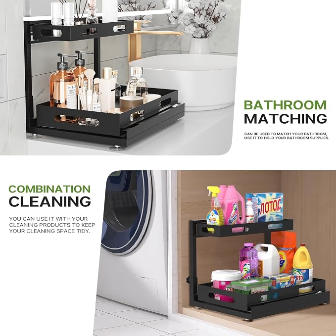 Under Sink Organizers and Storage, 2-Tier Sliding Under Sink Organizer, Under Cabinet Storage, Multi-Purpose Slide Out Sink Shelf, Under the Sink Organizer for Bathroom, Kitchen (Black)