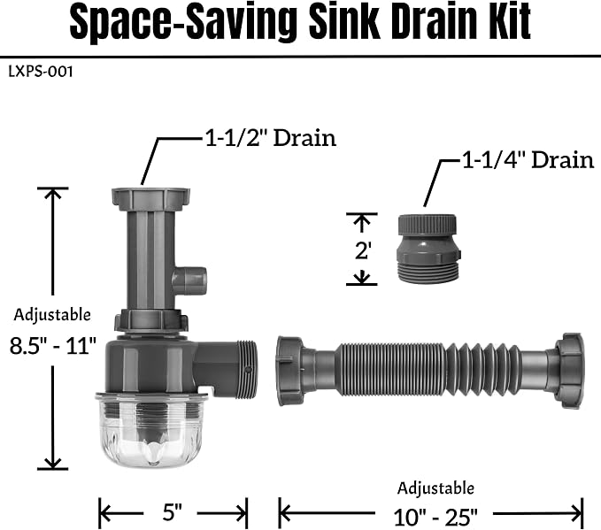 1-1/4" and 1-1/2" PVC Bottle Trap Plumbing Kit with Threaded Adapter, Sink Drain kit for Bathroom and Kitchen, P-Trap Replacement, Flexible Extension Tube Drain Tailpiece