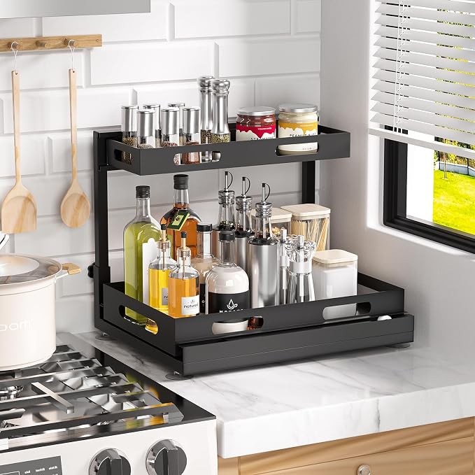 Under Sink Organizers and Storage, 2-Tier Sliding Under Sink Organizer, Under Cabinet Storage, Multi-Purpose Slide Out Sink Shelf, Under the Sink Organizer for Bathroom, Kitchen (Black)