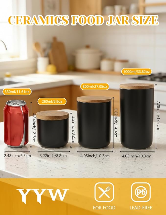 YYW Ceramics Food Storage Jar Canister with Airtight Seal Bamboo Lid, Simple Style Kitchen Canister for Food Storage, Store Coffee, Sugar, Tea, Spices and More (Black (33.81oz/1000ml))