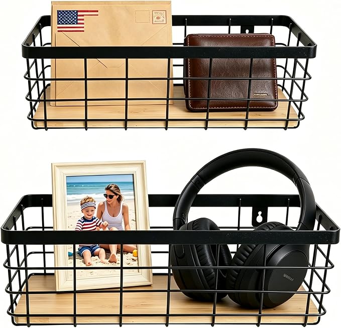 ShabbyDecor Metal Wire Basket Detachable Wood Base Storage Organizer Farmhouse Hanging Basket for Kitchen Cabinets, Bathroom, Pantry, Laundry Room Set of 2,Black Color