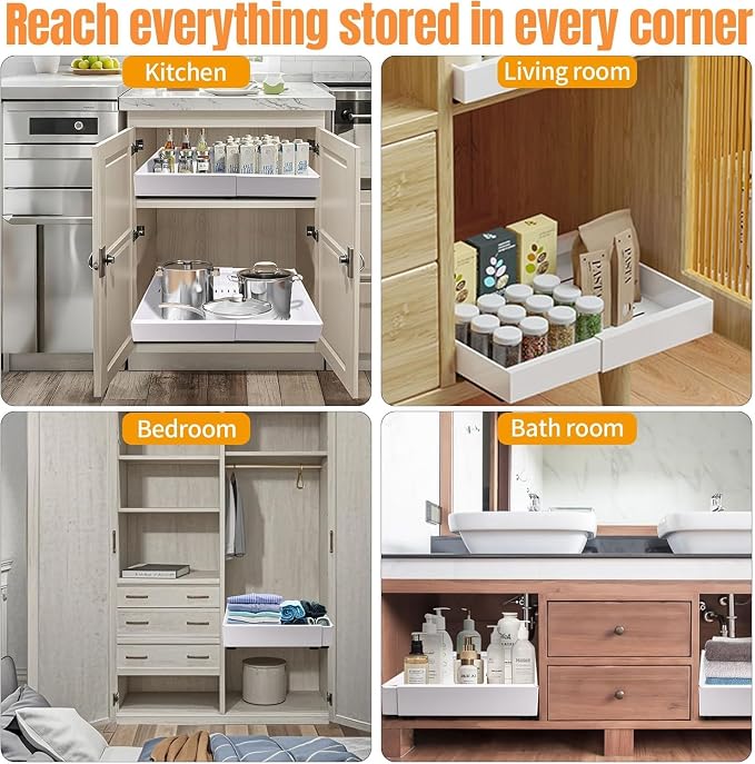 Expandable Metal Pull Out Cabinet Organizer 21"Deep with Raising Pad for Framed Cabinets/Pantry,Upgrade 3 Slide Rails Sliding Drawer for Cabinets with Adhesive Adjustable Width 12.05"-20.4"White 1P