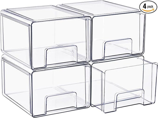 Sorbus Large Clear Stackable Storage Drawers 4-Pack Plastic Organizer Bins with Handles Pull-Out Drawers for Bathroom Closet, Medicine, Cabinet, Pantry Storage, Baby Bottle Organizer
