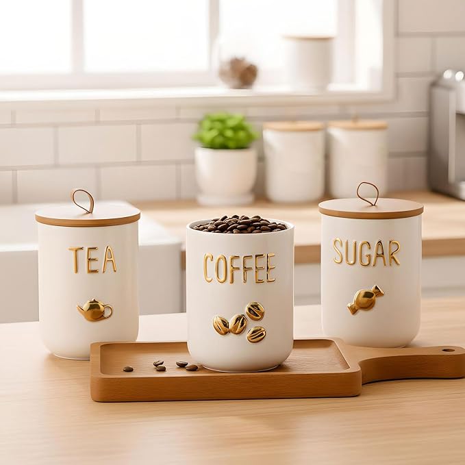 jessie 27oz Ceramics Coffee Canisters with Airtight Seal Bamboo Lid Silicone,Coffee Bean Storage for Kitchen Countertop,Food Storage Jars for Coffee Bean Ground Coffee (Sugar)