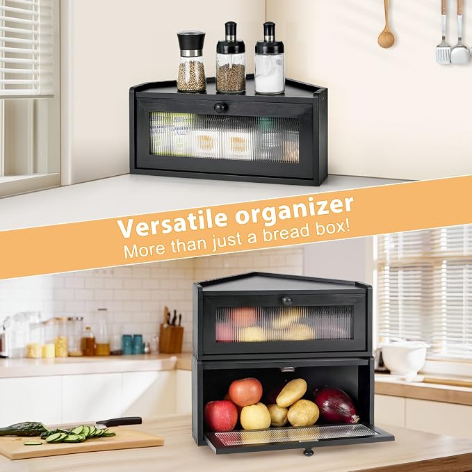 Sunhoo Bread Box for Kitchen Countertop Wooden Corner Breadbox Counter Food Storage Bin Container Farmhouse Rustic Homemade Bread Fresh Keeper Organizer Holder Vintage Stackable with Window (Black)