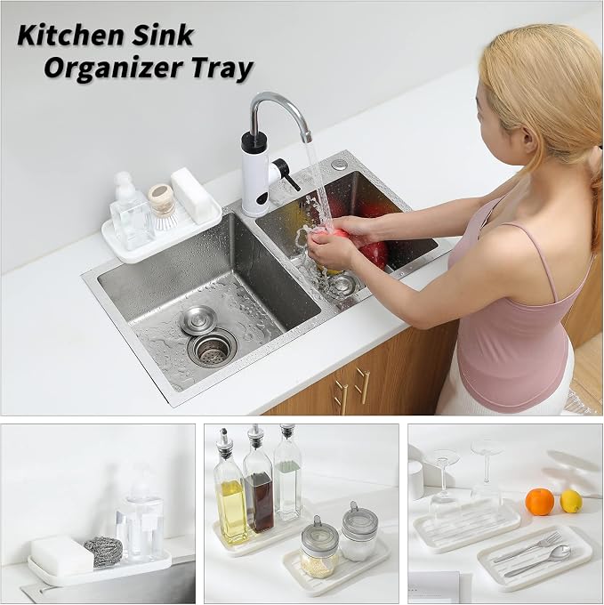 MicoYang Silicone Kitchen Sink Organizer Tray for Multiple Usage,Eco-Friendly Sponges Holder for Kitchen Bathroom Counter or Sink,Dish Soap Dispenser,Scrubber,Bottle,Cup (White, 10"×5.3")