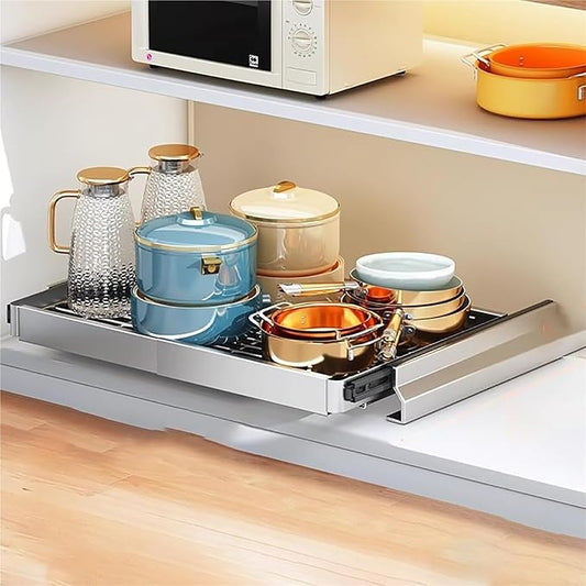 Pull out Cabinet Organizer,Under Sink Organizer, Pull out drawers for cupboards,Kitchen Storage,No Need Drill and Nailing,for Kitchen, Living Room, Home.(Silver,45.5 * 42 * 9cm)