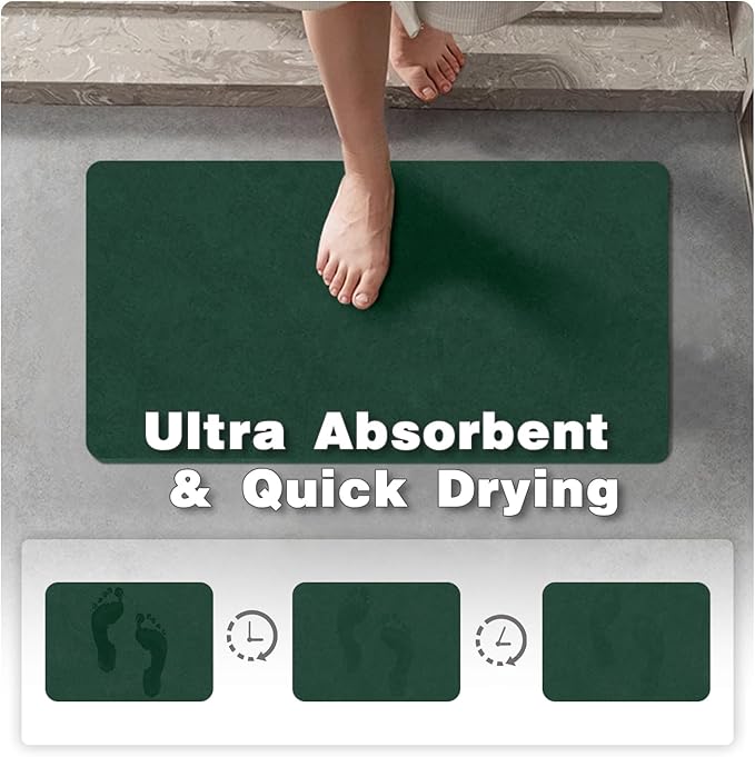 TYUU Bathroom Mat Quick Dry, Bathroom Rugs Non Slip Washable Thin Absorbent Bath Mat Fits Under Door Bathroom Floor Mat Perfect for Bath, Shower, or Sink 17"x59" Dark Green