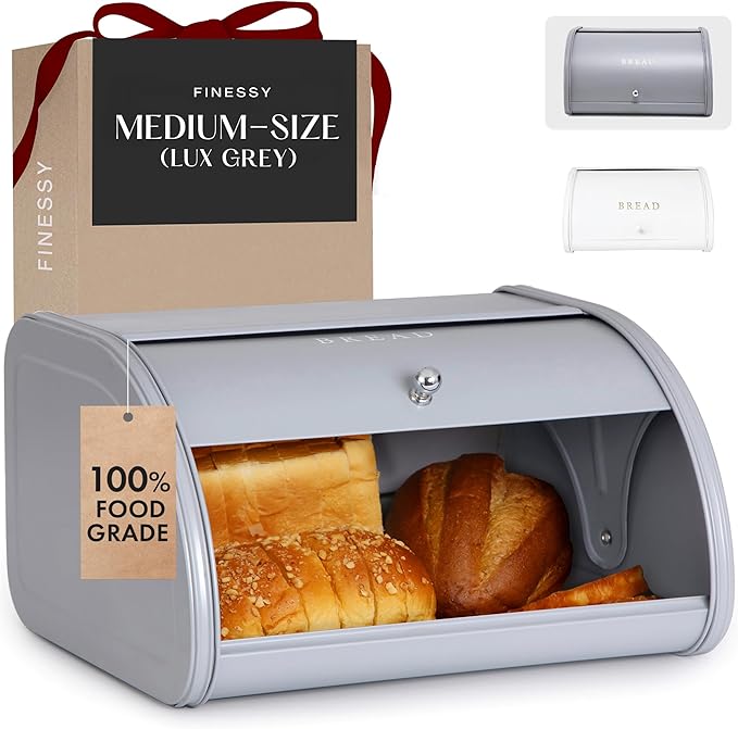 FINESSY Modern Metal Bread Box for Kitchen Countertop, Farmhouse Homemade Loaf Bread Storage Bin Holder for Kitchen Counters Organizer, Airtight Roll Top Sourdough Corner Breadbox Container Keeper