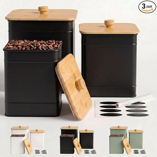 Kitchen Canisters for Countertop Set of 3 with Customizable Chalkboard Labels & Marker Pen - Big Iron Kitchen Canisters with Airtight Lids - Black Canister Set - Flour and Sugar Containers Farmhouse