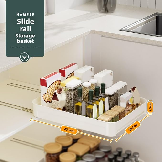 Pull Out Cabinet Organizer,No Drill Plastic Slide Out Drawers with Sliding Rail for Kitchen,Pantry, Adhesive Roll out Shelves for Cabinets Without Lip