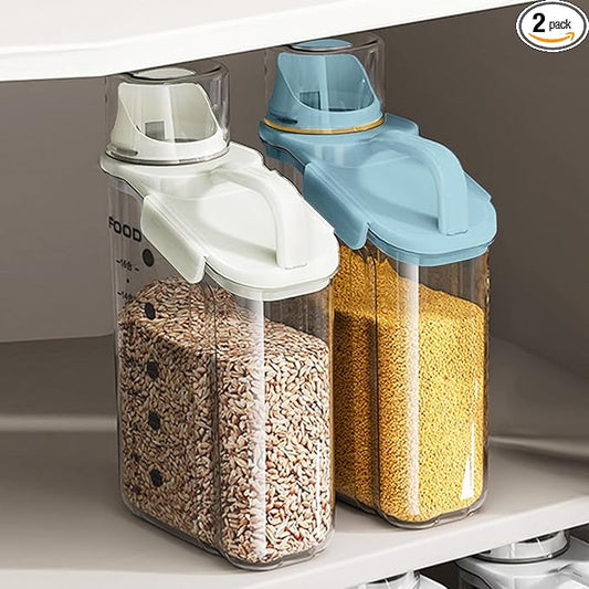 LANGMINGDE 2 PCS Airtight Storage Containers, 2.8L/95fl.oz Cereal Rice Holder, Dog Cat Food Dispenser with Measuring Cup, BPA Free Clear Plastic Kitchen Pantry Organization Bin, 1 Blue+1 White