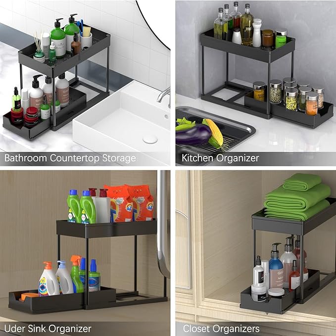 2 Pack Under Sink Organizers and Storage, 2-Tier Sliding Cabinet Basket Organizer with Hooks, Multi-Purpose Under Sink Organizers and Storage for Bathroom Kitchen
