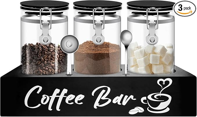MACIFECI Glass Coffee Containers with Shelf Coffee Station Organizer 54oz Black Glass Coffees Bean Storage Canister with Spoon Coffee Canister Set Kitchen Food Storage Jars for Coffee/Sugar/Candy