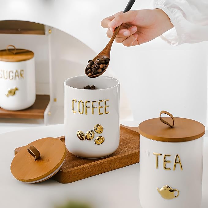 YYW Kitchen Canisters for Countertop, White Airtight Ceramic Canister with Seal Wooden Lid Storage Container for Coffee Bean Ground Coffee Sugar and Tea (White(coffee))