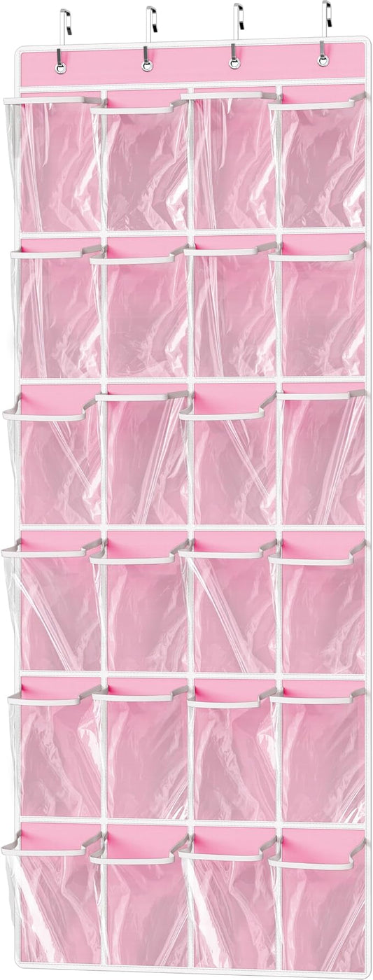 Simple Houseware 24 Pockets Large Clear Pockets Over The Door Hanging Shoe Organizer, Pink (56" x 22.5")
