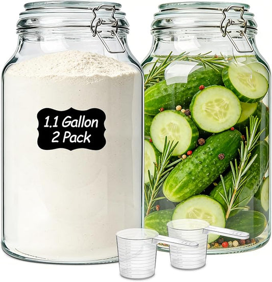 ComSaf 1.1 Gallon Glass Jars with Airtight Lids (138oz, Set of 2), 4-Inch Extra-Wide Mouth Heavy Duty Canisters for Bulk Flour, Sugar & Rice Storage, Ideal for Kombucha, Kimchi, Sauerkraut & Pickling
